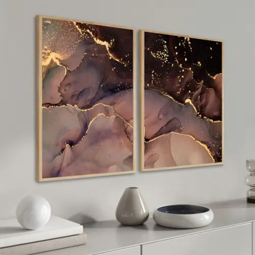Kit 2 Quadros Decorativos Abstrato Dourado Moderno Moldura