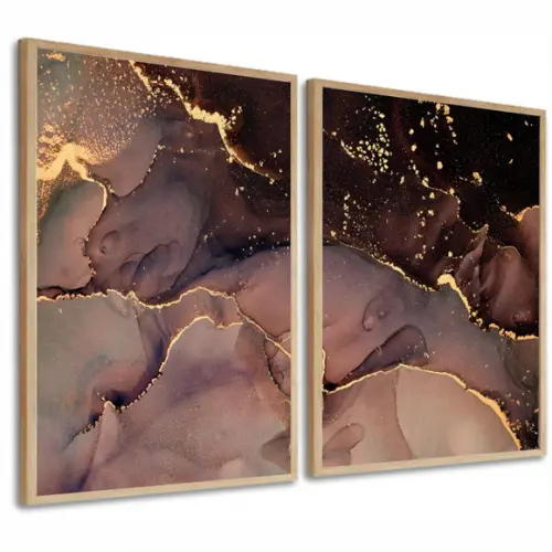 Kit 2 Quadros Decorativos Abstrato Dourado Moderno Moldura