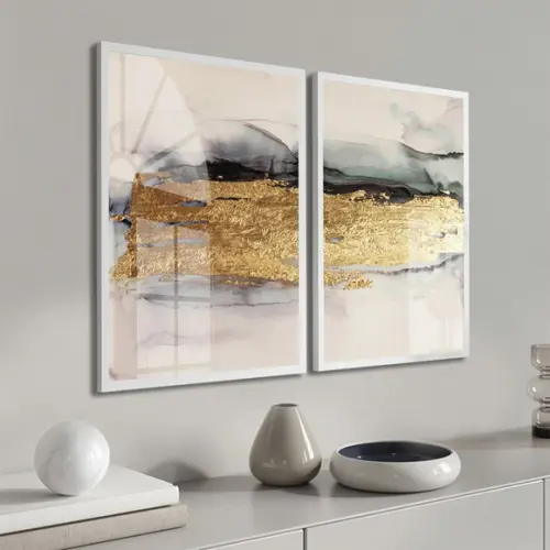 Kit 2 Quadros Decorativos Abstrato Dourado Moldura e Vidro