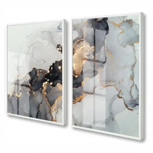 Kit 2 Quadros Decorativos Abstrato Dourado Moldura e Vidro