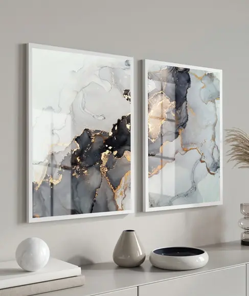 Kit 2 Quadros Decorativos Abstrato Dourado Moldura e Vidro