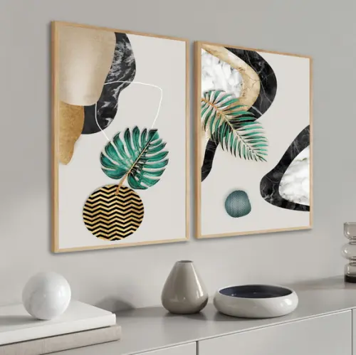 Kit 2 Quadros Decorativos Abstrato Folhagem Gold Com Moldura