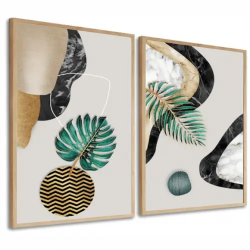 Kit 2 Quadros Decorativos Abstrato Folhagem Gold Com Moldura