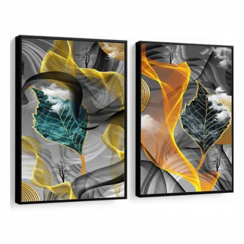 Kit 2 Quadros Decorativos Abstrato Dourado Para Sala Moldura