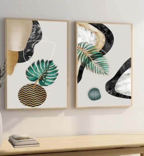 Kit 2 Quadros Decorativos Abstrato Folhagem Gold Com Moldura