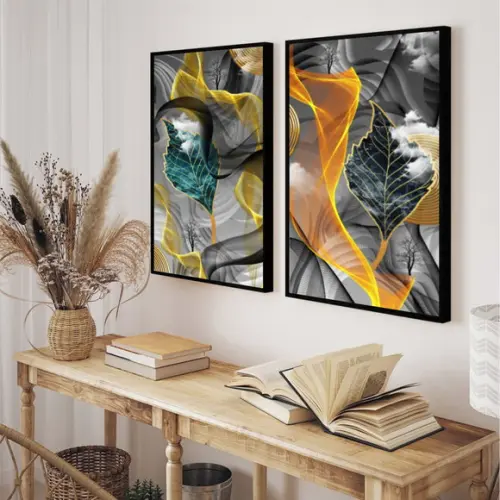 Kit 2 Quadros Decorativos Abstrato Dourado Para Sala Moldura