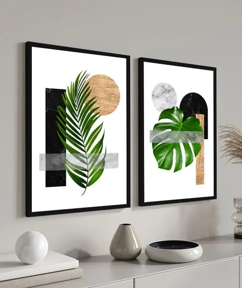 Kit 2 Quadros Decorativos Abstrato Folhagem Verde Moldura