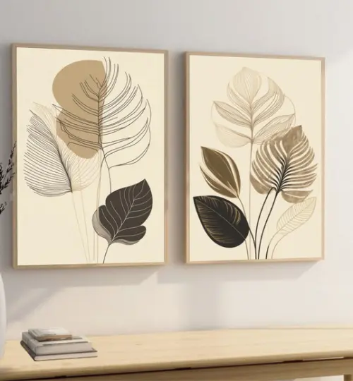Kit 2 Quadros Decorativos Abstrato Folhas Bege Moldura Vidro