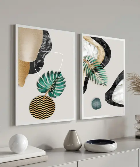 Kit 2 Quadros Decorativos Abstrato Folhas Com Moldura