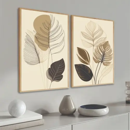 Kit 2 Quadros Decorativos Abstrato Folhas Bege Moldura Vidro