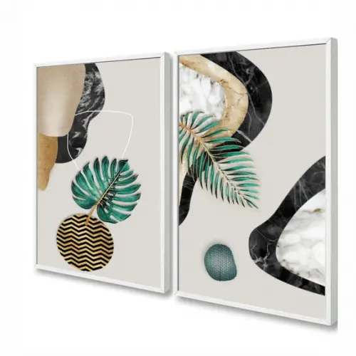 Kit 2 Quadros Decorativos Abstrato Folhas Com Moldura
