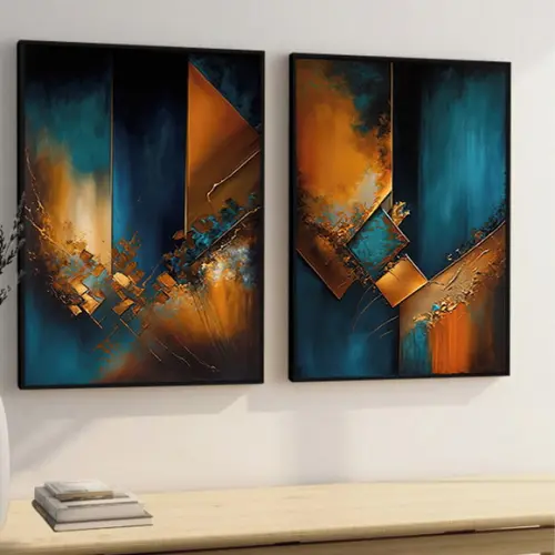 Kit 2 Quadros Decorativos Abstrato Laranja Azul Moderno Hall