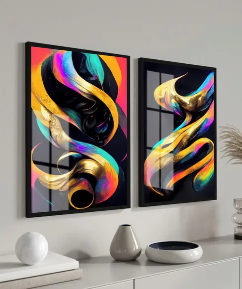 Kit 2 Quadros Decorativos Abstrato Moderno Com Moldura Vidro