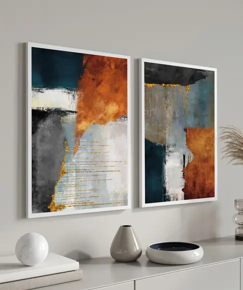 Kit 2 Quadros Decorativos Abstrato para Sala Quarto Moldura