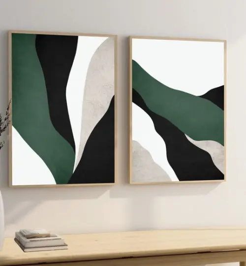 Kit 2 Quadros Decorativos Abstrato Moderno Verde Com Moldura
