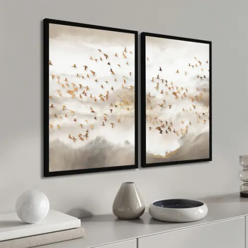 Kit 2 Quadros Decorativos Abstrato Pássaros Dourados Moldura