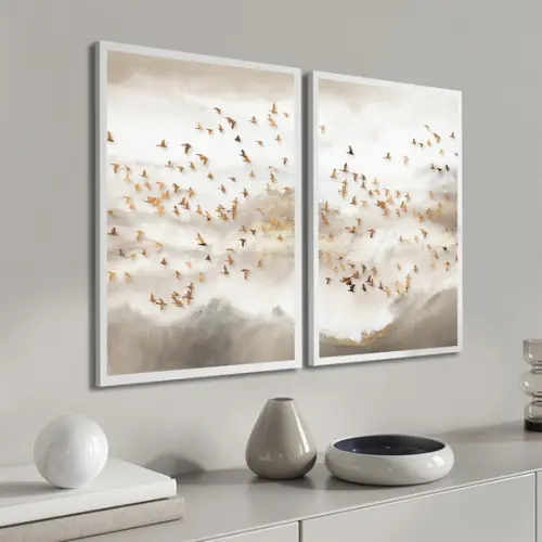 Kit 2 Quadros Decorativos Abstrato Pássaros Dourados Moldura