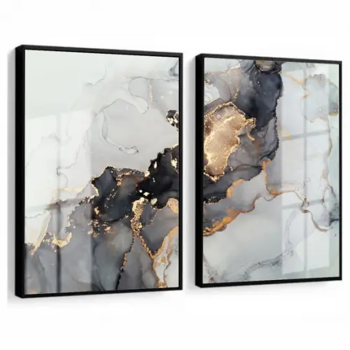 Kit 2 Quadros Decorativos Abstrato Preto Gold Moldura Vidro