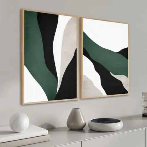 Kit 2 Quadros Decorativos Abstrato Moderno Verde Com Moldura