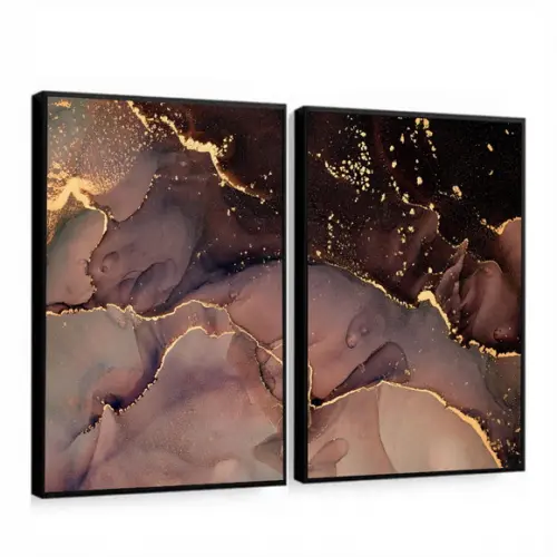 Kit 2 Quadros Decorativos Abstratos Dourados Moderno Moldura