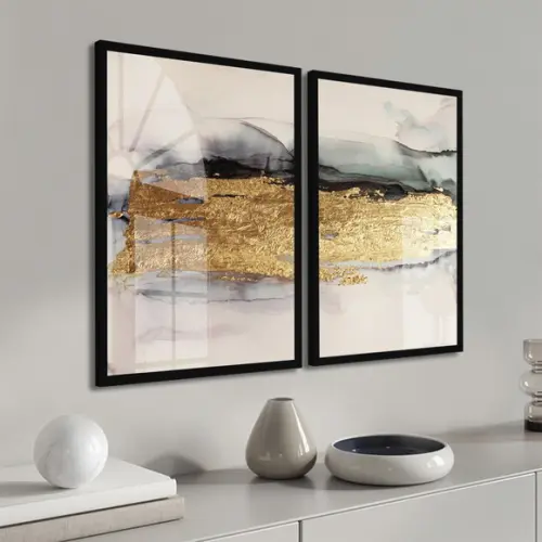 Kit 2 Quadros Decorativos Abstratos Dourados Moldura e Vidro