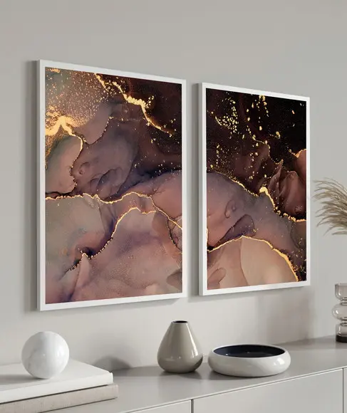 Kit 2 Quadros Decorativos Abstratos Modernos Dourado Moldura