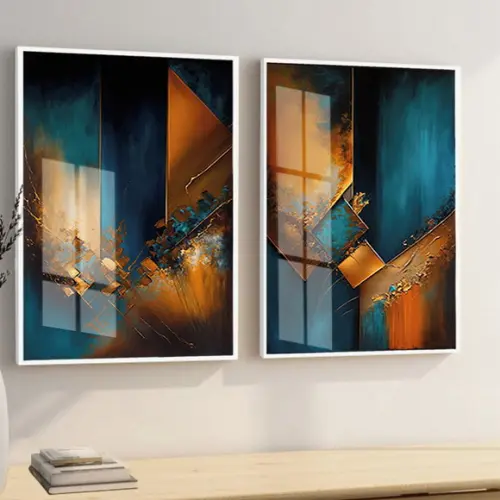 Kit 2 Quadros Decorativos Abstratos Modernos Moldura e Vidro