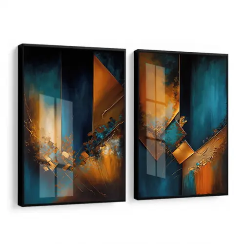 Kit 2 Quadros Decorativos Abstratos Modernos Moldura e Vidro