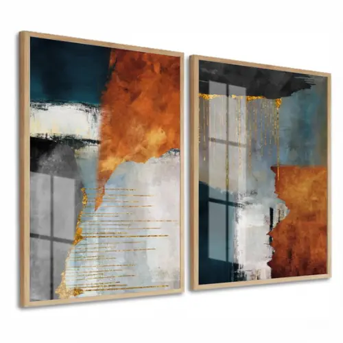Kit 2 Quadros Decorativos Abstratos Modernos Moldura E Vidro