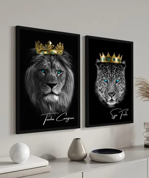 Kit 2 Quadros Decorativos Animais Frase Motivacional Moldura