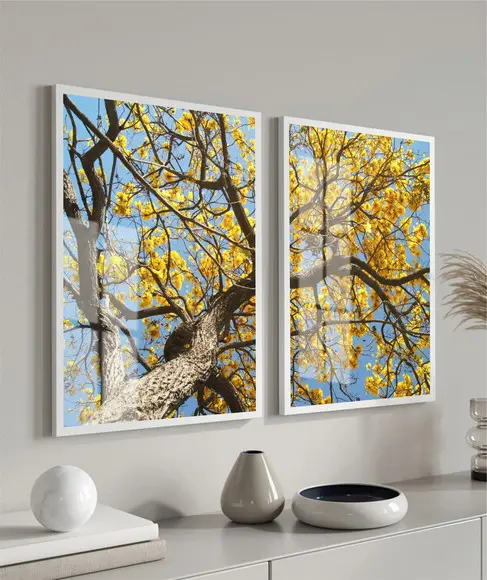 Kit 2 Quadros Decorativos Arvore Amarela Com Moldura E Vidro