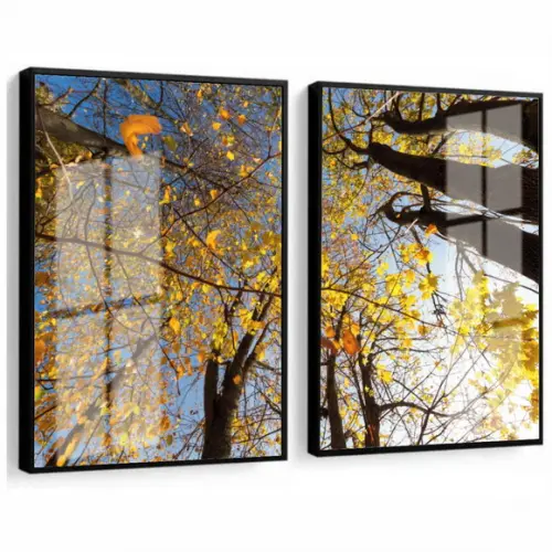 Kit 2 Quadros Decorativos Arvore Amarela Com Moldura E Vidro
