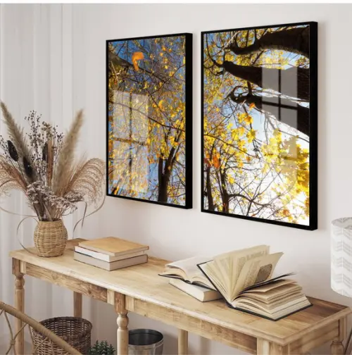 Kit 2 Quadros Decorativos Arvore Amarela Com Moldura E Vidro