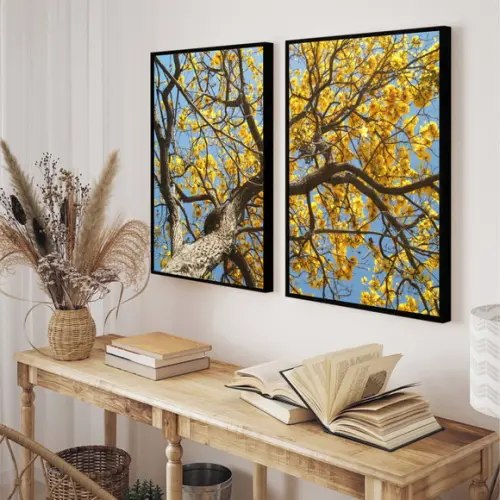 Kit 2 Quadros Decorativos Arvore Amarela Folhagem Moldura