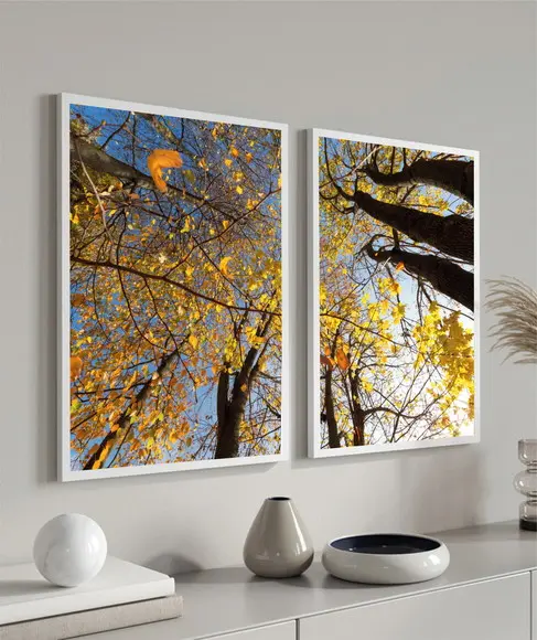 Kit 2 Quadros Decorativos Arvore Amarela Folhagem Moldura