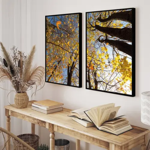 Kit 2 Quadros Decorativos Arvore Amarela Para Sala Moldura