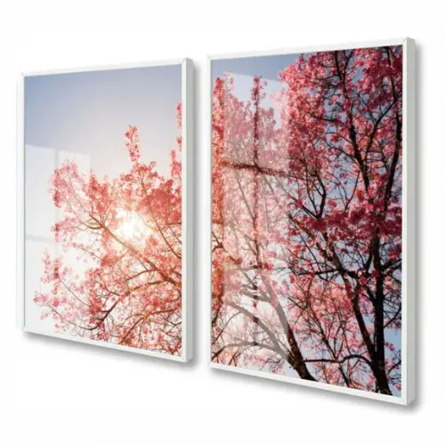 Kit 2 Quadros Decorativos Arvore Cerejeira Moldura e Vidro