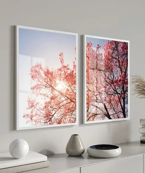 Kit 2 Quadros Decorativos Arvore Cerejeira Moldura e Vidro