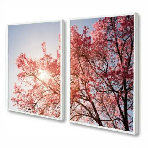 Kit 2 Quadros Decorativos Arvore Flor De Cerejeira Moldura