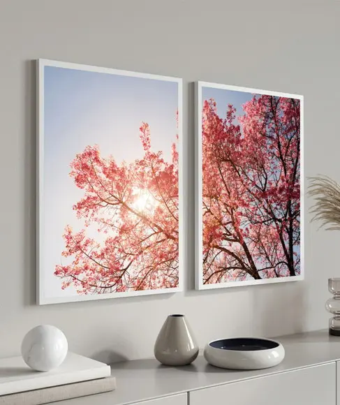 Kit 2 Quadros Decorativos Arvore Flor De Cerejeira Moldura