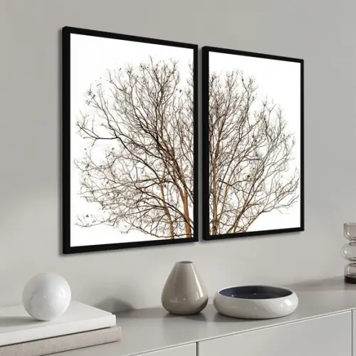 Kit 2 Quadros Decorativos Arvore Galhos com Moldura e Vidro