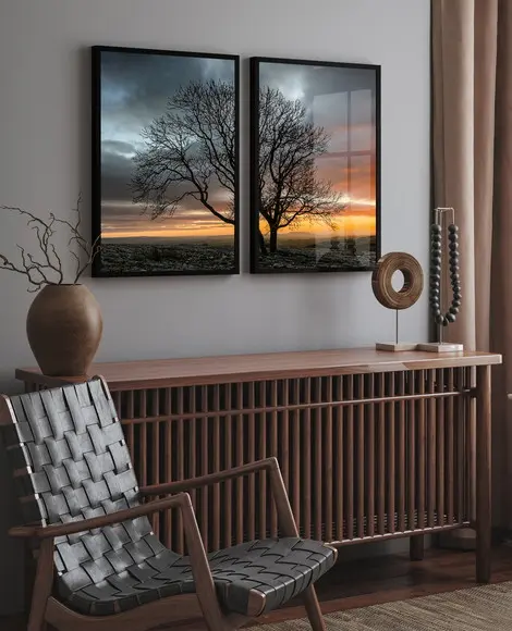 Kit 2 Quadros Decorativos Arvore Galhos Pôr do Sol com Vidro