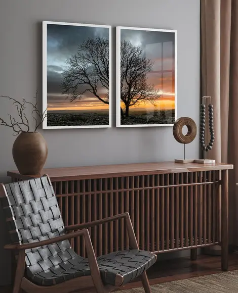 Kit 2 Quadros Decorativos Arvore Galhos Sol Moldura e Vidro