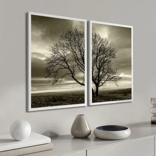 Kit 2 Quadros Decorativos Arvore Preto e Branco com Moldura