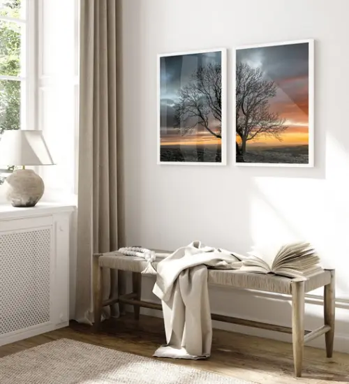 Kit 2 Quadros Decorativos Arvore Galhos Sol Moldura e Vidro
