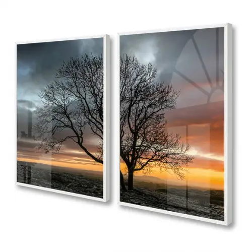 Kit 2 Quadros Decorativos Arvore Galhos Sol Moldura e Vidro