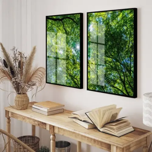 Kit 2 Quadros Decorativos Arvore Verde com Moldura e Vidro