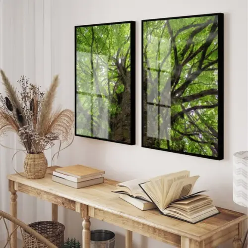 Kit 2 Quadros Decorativos Arvore Verde Com Moldura E Vidro