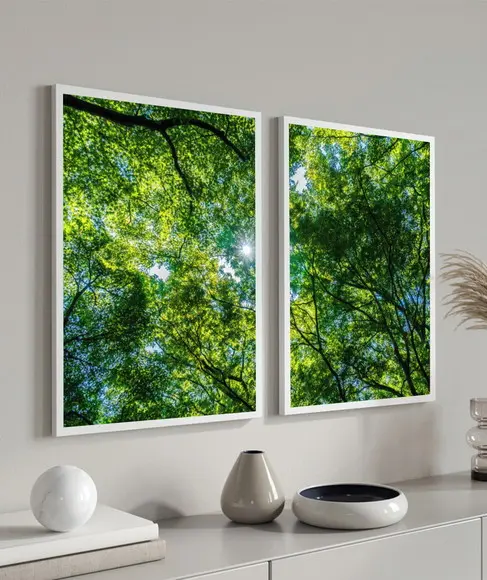 Kit 2 Quadros Decorativos Arvore Verde Folhagem Com Moldura