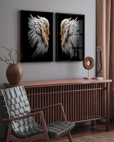 Kit 2 Quadros Decorativos Asas Brancas com Moldura e Vidro